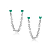 Silver Chain Earrings, White Rhodium, Natural Green Agate  + Give Love Gift